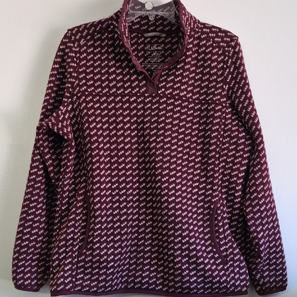 L.L. Bean Womens Burgundy & White Pullover Fleece Sweater SZ L